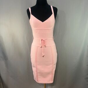 Bella Barnett Bodycon Midi Dress Womens Large Pink Stretch V Neck Tie Waist